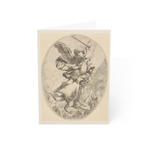 The winged archangel Saint Michael holding a sword and standing on the head of the devil, who descends into hell, an oval composition on 5 × 7 blank art card, front.
