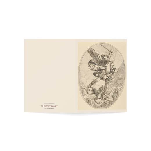 The winged archangel Saint Michael holding a sword and standing on the head of the devil, who descends into hell, an oval composition on 5 × 7 blank art card, open cover.