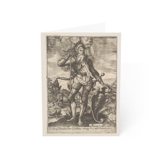 St. William of Aquitaine in armor bearing a standard in his right hand and resting his left hand on a shield, a landscape beyond on 5 × 7 blank art card, front.