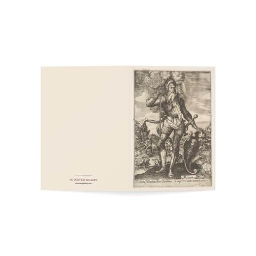 St. William of Aquitaine in armor bearing a standard in his right hand and resting his left hand on a shield, a landscape beyond on 5 × 7 blank art card, open cover.