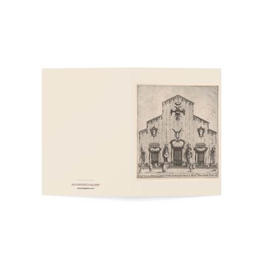 Façade of the church of San Lorenzo in Florence, decorated with the emperor's arms, four figures of death flanking the three entrances, the two in center on horseback, a large angel above central door, from "Ceremonies for the Funeral of Emperor Ferdinand II" (Funérailles de l'empereur Ferdinand II) on 5 × 7 blank art card, open cover.