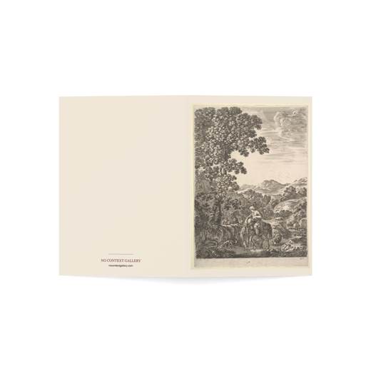 A shepherd on horseback in the middle of a stream, dogs, goats and cows follow, a large tree to left and mountains to right in the background, from "Four large landscapes" (Quatre grands paysages en hauteur) on 5 × 7 blank art card, open cover.