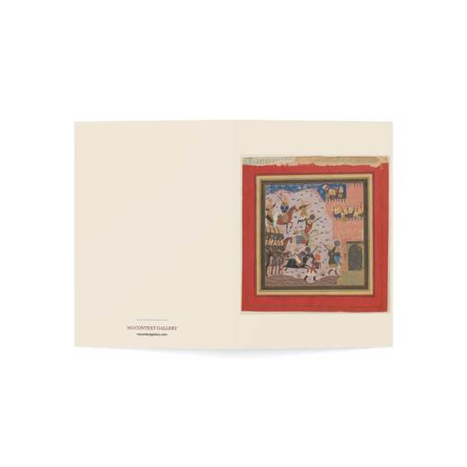 "Kai Khusrau, Gudarz and Giv Capturing the Demon's Fortress, Bahman (?)", Folio from a Shahnama (Book of Kings) on 5 × 7 blank art card, open cover.