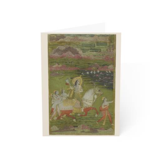 Chand Bibi Hawking with Attendants in a Landscape on 5 × 7 blank art card, front.