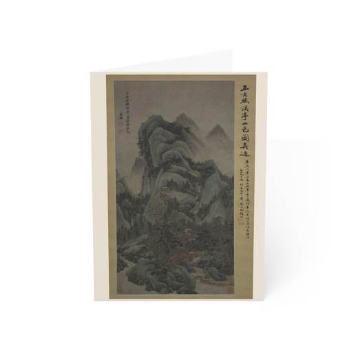 Mountain Scenery with Streams and Pavilions in the Style of Fan Kuan on 5 × 7 blank art card, front.