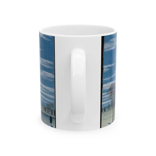 Winter Scene in Moonlight on Ceramic mug, 11 oz or 15 oz, back.