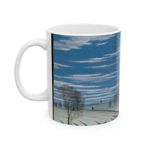 Winter Scene in Moonlight on Ceramic mug, 11 oz or 15 oz, left.