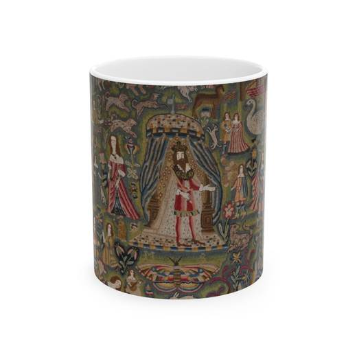 Panel with Biblical vignettes on Ceramic mug, 11 oz or 15 oz, front.