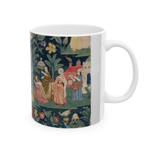 The Meeting of King Solomon and the Queen of Sheba, with the Four Elements on Ceramic mug, 11 oz or 15 oz, right.