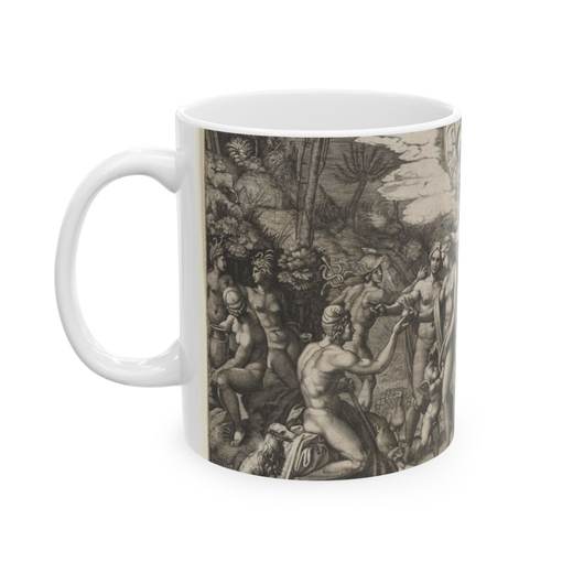 The Judgment of Paris: he is sitting at left with Venus, Juno and Pallas Athena, a winged victory above. In the upper section the Sun in his chariot preceeded by Castor and Pollux on horseback, at lower right two river gods and a naiad above whom Jupiter, an eagle, Ganymede, Diana and another goddess on Ceramic mug, 11 oz or 15 oz, left.