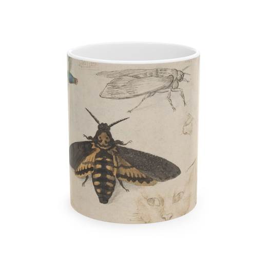 Studies of a Gentian, Moth, Birds, Cats, Interlacing Motif, and Greek Frets (recto); Ornamental Studies with Figures (verso) on Ceramic mug, 11 oz or 15 oz, front.