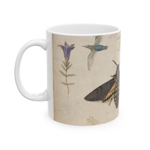 Studies of a Gentian, Moth, Birds, Cats, Interlacing Motif, and Greek Frets (recto); Ornamental Studies with Figures (verso) on Ceramic mug, 11 oz or 15 oz, left.