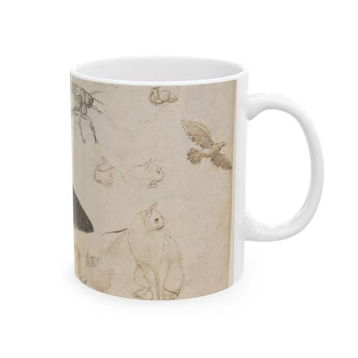 Studies of a Gentian, Moth, Birds, Cats, Interlacing Motif, and Greek Frets (recto); Ornamental Studies with Figures (verso) on Ceramic mug, 11 oz or 15 oz, right.