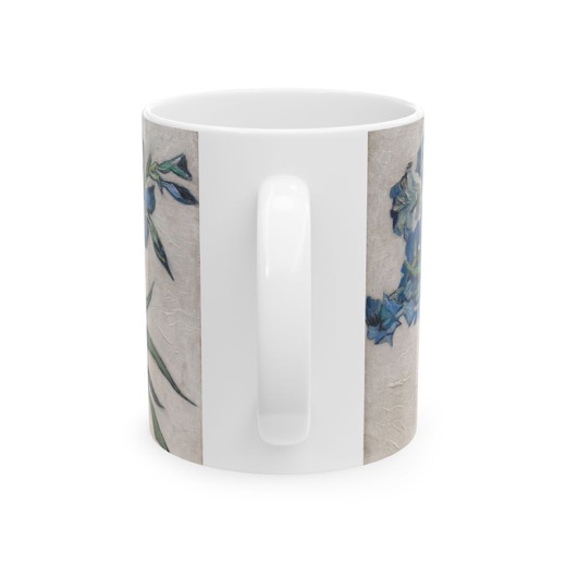 Irises on Ceramic mug, 11 oz or 15 oz, back.