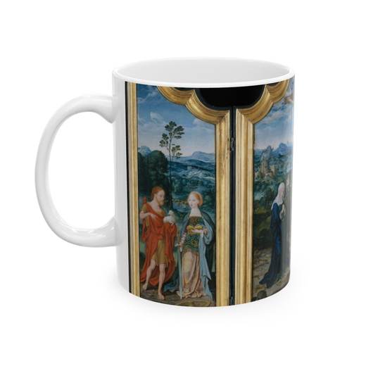 The Crucifixion with Saints and a Donor on Ceramic mug, 11 oz or 15 oz, left.