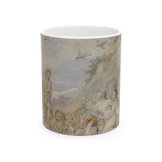 Orpheus Charming the Nymphs, Dryads, and Animals on 11 oz ceramic mug, front.