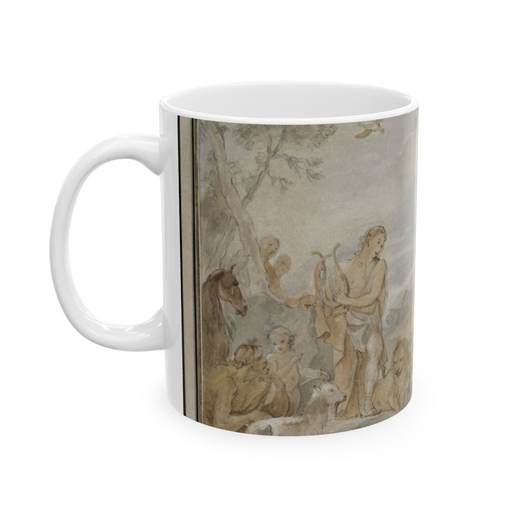 Orpheus Charming the Nymphs, Dryads, and Animals on 11 oz ceramic mug, left.