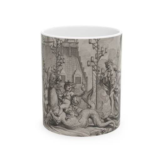 Plate 35: Philip of Spain as Neptune, riding in a chariot drawn by two sea horses; from Guillielmus Becanus's 'Serenissimi Principis Ferdinandi, Hispaniarum Infantis...' on Ceramic mug, 11 oz or 15 oz, front.