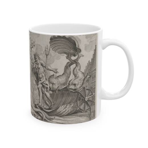 Plate 35: Philip of Spain as Neptune, riding in a chariot drawn by two sea horses; from Guillielmus Becanus's 'Serenissimi Principis Ferdinandi, Hispaniarum Infantis...' on Ceramic mug, 11 oz or 15 oz, right.