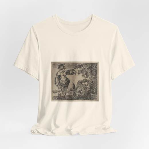 Jason, from 'Game of Mythology' (Jeu de la Mythologie) on Bella + Canvas 3001 T-shirt · Natural, hanging 1.