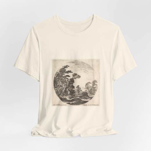 Plate 3: a gale in the forest, two horsemen wrapped in their cloaks, the wind blowing, from "Roman landscapes and ruins" (Paysages et ruines de Rome) on Bella + Canvas 3001 T-shirt · Natural, hanging 1.