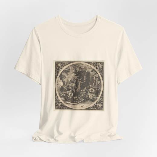 Scene with a Warning Against Venereal Disease in a Circle at Center on Bella + Canvas 3001 T-shirt · Natural, hanging 1.