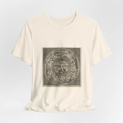 Design for a Plate with Galatea on a Shell Flanked by Trumpeters in a Medallion Bordered by Sea Monsters on Bella + Canvas 3001 T-shirt · Natural, hanging 1.