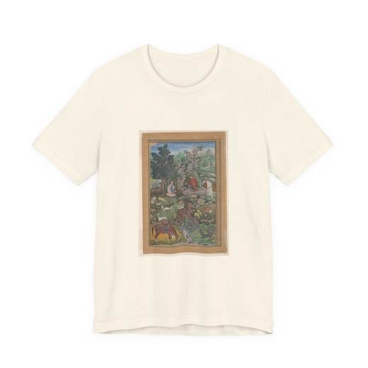 "Bahram Gur Sees a Herd of Deer Mesmerized by Dilaram' s Music", Folio from a Khamsa (Quintet) of Amir Khusrau Dihlavi on Bella + Canvas 3001 T-shirt · Natural, front 2.