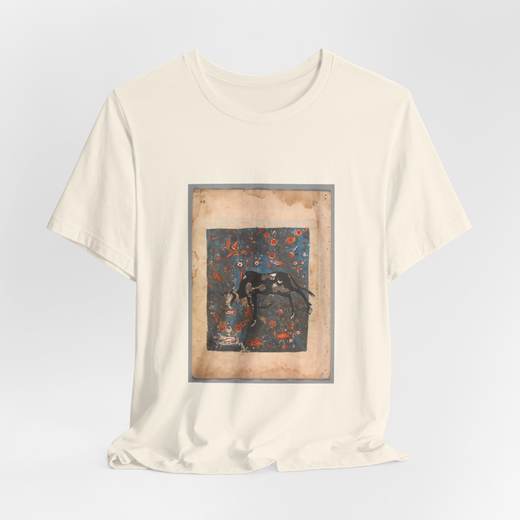 "The Ox Shanzabeh Left Behind, Grazing in the Territory of the Lion King", Folio from a Kalila wa Dimna on Bella + Canvas 3001 T-shirt · Natural, hanging 1.