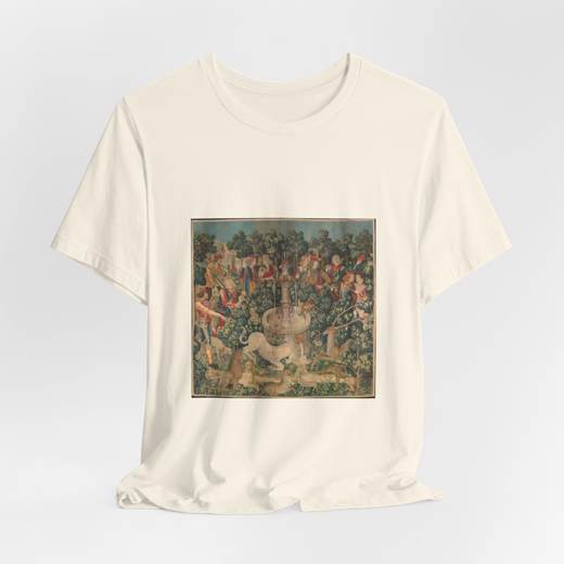 The Unicorn Purifies Water (from the Unicorn Tapestries) on Bella + Canvas 3001 T-shirt · Natural, hanging 1.