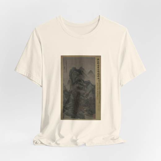 Mountain Scenery with Streams and Pavilions in the Style of Fan Kuan on Bella + Canvas 3001 T-shirt · Natural, hanging 1.