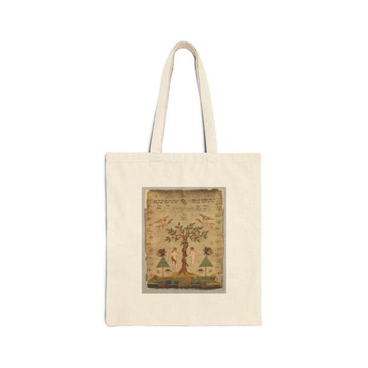 Sampler on Natural cotton canvas tote bag, front.