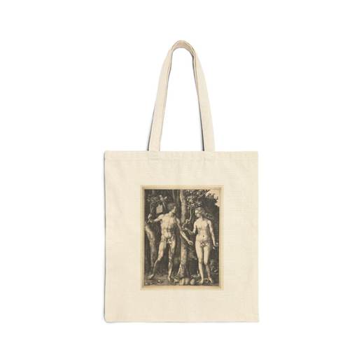 Adam and Eve on Natural cotton canvas tote bag, front.