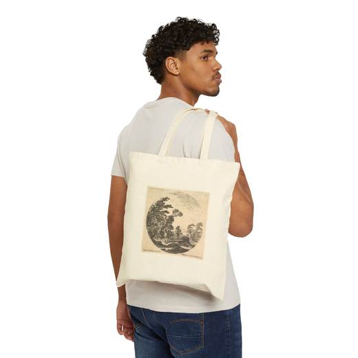 Plate 3: a gale in the forest, two horsemen wrapped in their cloaks, the wind blowing, from "Roman landscapes and ruins" (Paysages et ruines de Rome) on Natural cotton canvas tote bag, person front.