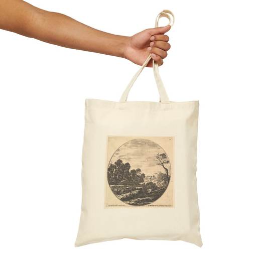 Plate 6: cows crossing a valley to left, a group of trees to left, a horseman and other cows in the background, from "Roman landscapes and ruins" (Paysages et ruines de Rome) on Natural cotton canvas tote bag, context front.