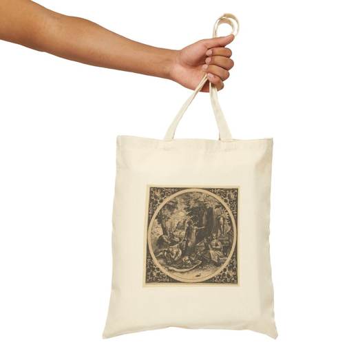 Scene with a Warning Against Venereal Disease in a Circle at Center on Natural cotton canvas tote bag, context front.