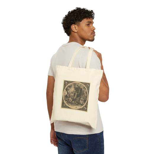 Scene with a Warning Against Venereal Disease in a Circle at Center on Natural cotton canvas tote bag, person front.
