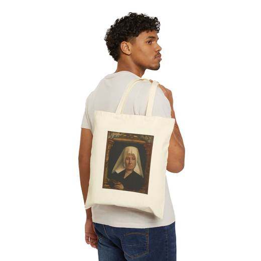 Portrait of a Woman on Natural cotton canvas tote bag, person front.