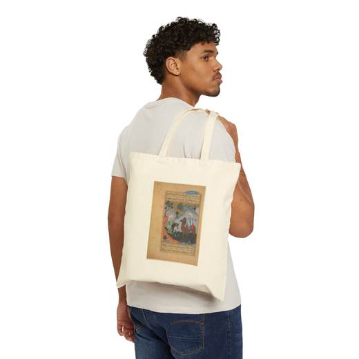 "The Angel Gabriel meets 'Amr ibn Zaid (the Shepherd)", Folio from a Siyer-i Nebi (the Life of the Prophet) on Natural cotton canvas tote bag, person front.