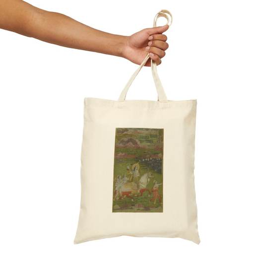 Chand Bibi Hawking with Attendants in a Landscape on Natural cotton canvas tote bag, context front.