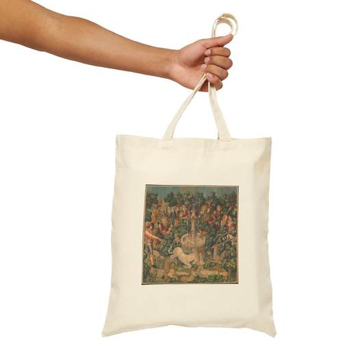 The Unicorn Purifies Water (from the Unicorn Tapestries) on Natural cotton canvas tote bag, context front.