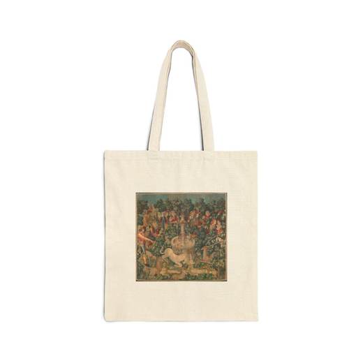 The Unicorn Purifies Water (from the Unicorn Tapestries) on Natural cotton canvas tote bag, front.