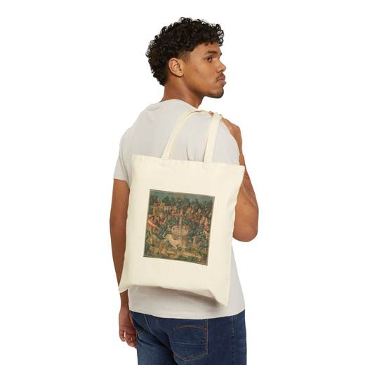 The Unicorn Purifies Water (from the Unicorn Tapestries) on Natural cotton canvas tote bag, person front.