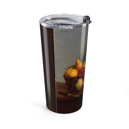 Still Life with Flowers and Fruit on 20 oz stainless steel tumbler, left.
