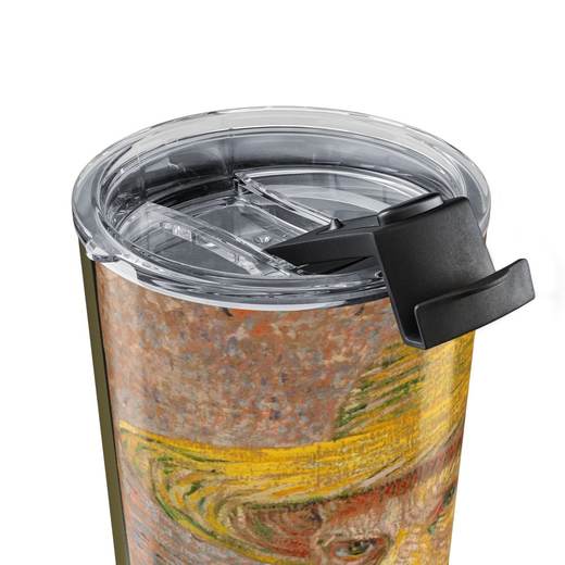 Self-Portrait with a Straw Hat (obverse: The Potato Peeler) on 20 oz stainless steel tumbler, close up.