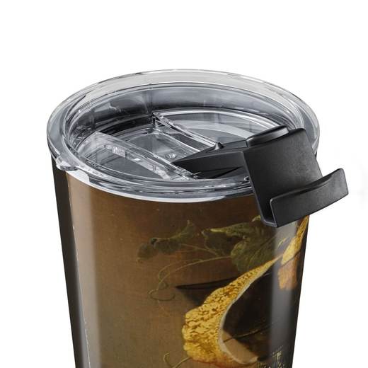 Still Life with a Glass and Oysters on 20 oz stainless steel tumbler, close up.