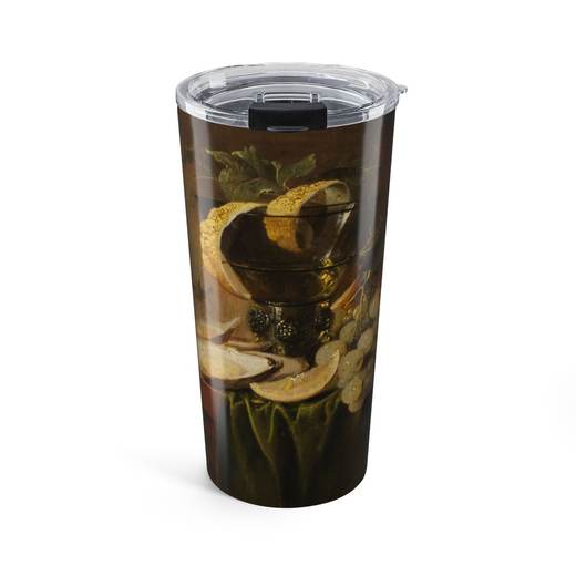 Still Life with a Glass and Oysters on 20 oz stainless steel tumbler, front.
