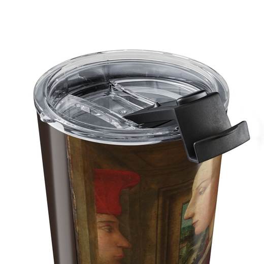 Portrait of a Woman with a Man at a Casement on 20 oz stainless steel tumbler, close up.