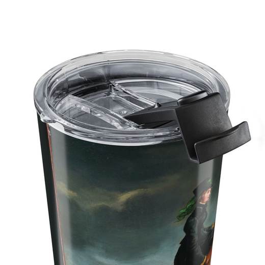 Horsewoman on 20 oz stainless steel tumbler, close up.