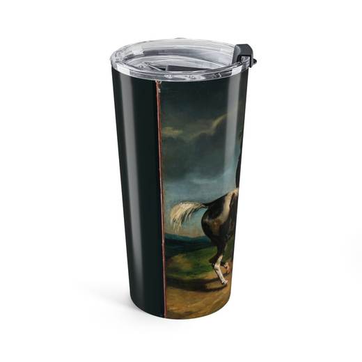 Horsewoman on 20 oz stainless steel tumbler, left.